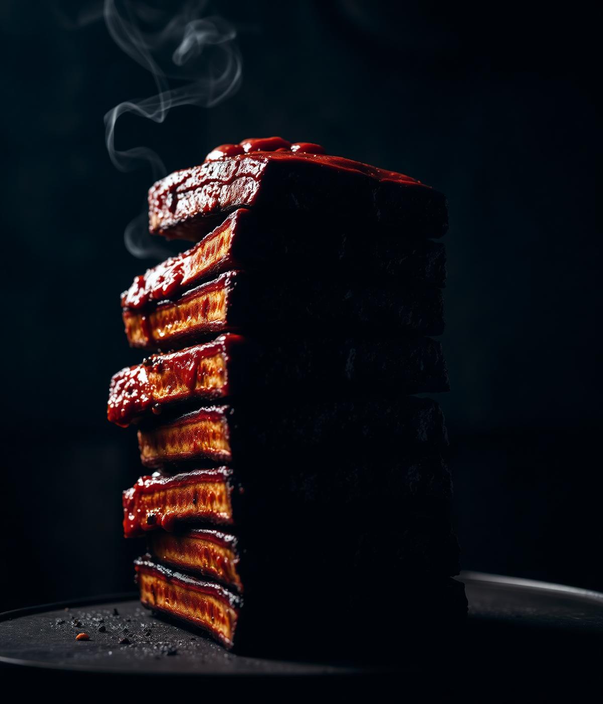 Stack of glazed BBQ ribs with smoke